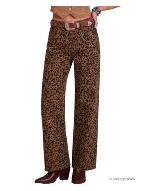 High Waisted Wide Leg Jeans Women Stretchy Denim Leopard Print 29.5" Inseam